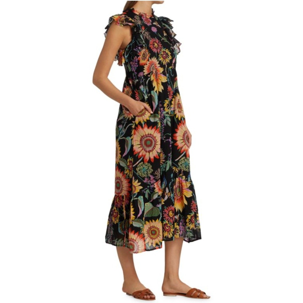 Banjanan Women's Hana Black Floral Cotton Midi Dress XS Flutter Sleeve